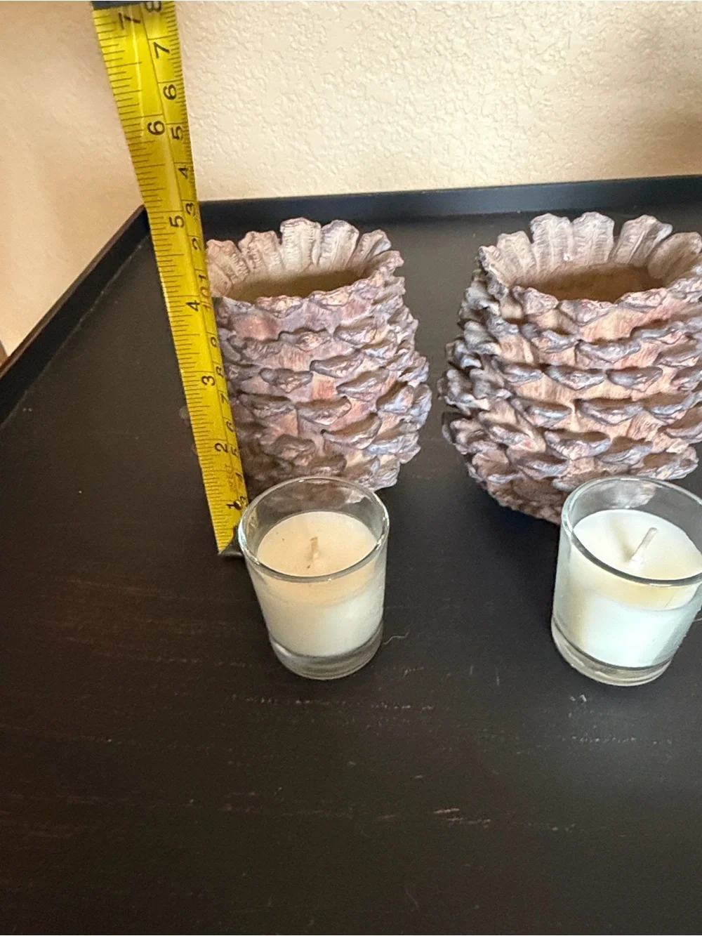 Rustic Farm house textured silver & rust pumpkin & pinecone candle holders